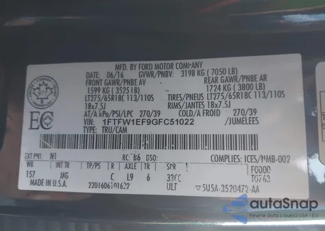 2016 Ford F-150 Xlt из США, поврежденный, VIN 1FTFW1EF9GFC51022